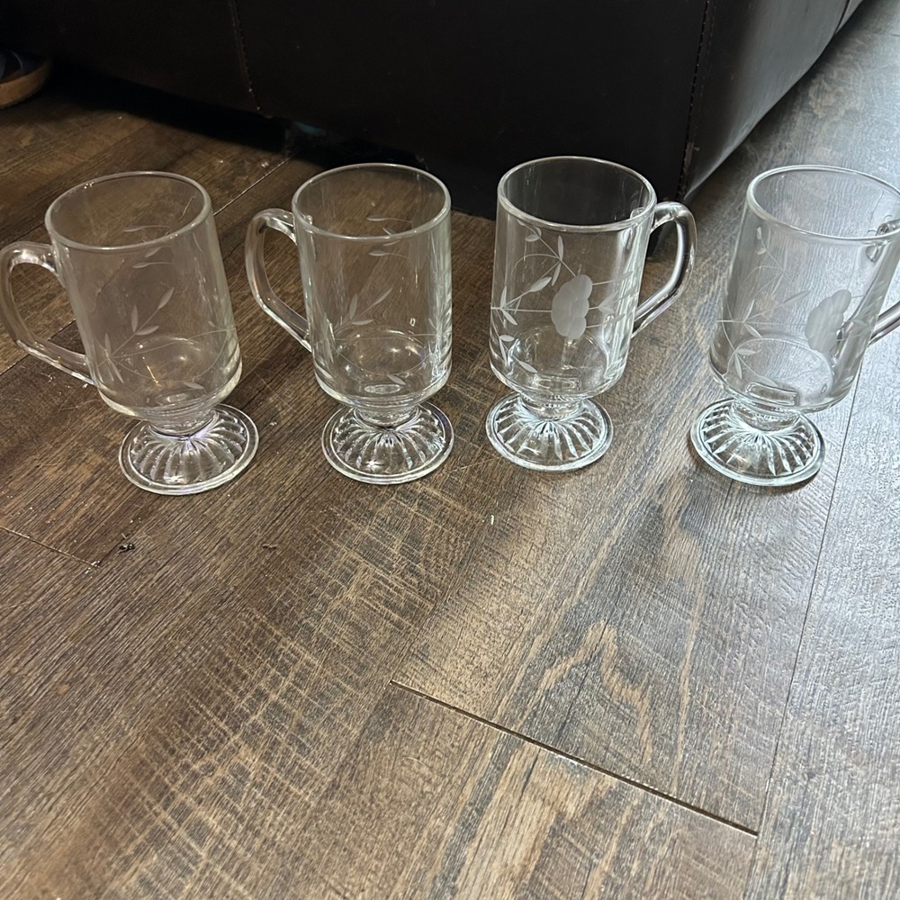 Princess House Heritage Floral Etched Glass Footed Mugs Set of 4 Clear 5.5 inch‎